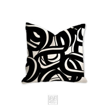 Load image into Gallery viewer, Black and white abstract pillow, tangled waves pattern