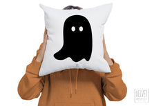 Load image into Gallery viewer, Ghost pillow with black ghost. Cover and insert or just the cover. Cute and spooky ghost for Halloween decor