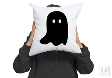 Load image into Gallery viewer, Ghost pillow with black ghost. Cover and insert or just the cover. Cute and spooky ghost for Halloween decor