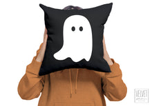 Load image into Gallery viewer, Ghost pillow with white ghost. Cover and insert or just the cover. Cute and spooky ghost for Halloween decor