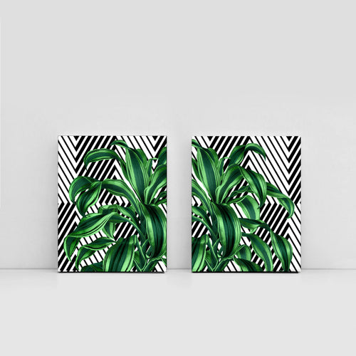 Tropical leaves set of 2 canvas gallery wrapped, geometric, modern wall art, trendy giclee wall decor, wall hanging, Interior design, home