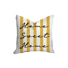 Load image into Gallery viewer, Home Sweet Home pillow, modern Interior decor, typographic design, home decor, pillow cover and insert, yellow and blue, stripes