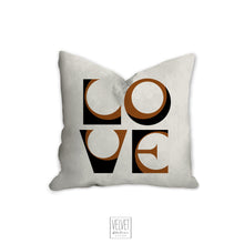 Load image into Gallery viewer, Love pillow, cinnamon black, mid century letters, groovy, Boho pillow, retro pillow, throw pillow, pillow cover and insert, accent pillow