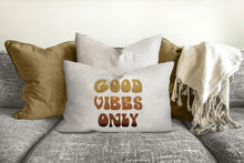 Load image into Gallery viewer, Good vibes only pillow, sunset colors, groovy, Boho pillow, retro pillow, throw pillow, home decor, pillow cover and insert, accent pillow