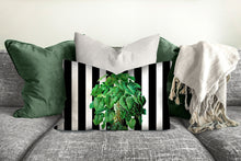 Load image into Gallery viewer, Jungle monstera plant pillow, modern Interior decor, home decor, pillow cover and insert, accent cushion, black and white stripes, tropical