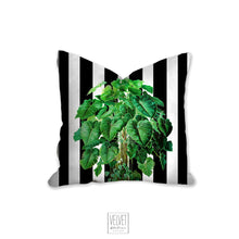 Load image into Gallery viewer, Jungle monstera plant pillow, modern Interior decor, home decor, pillow cover and insert, accent cushion, black and white stripes, tropical