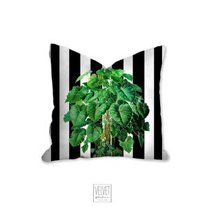 Jungle monstera plant pillow, modern Interior decor, home decor, pillow cover and insert, accent cushion, black and white stripes, tropical