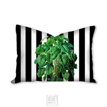 Load image into Gallery viewer, Jungle monstera plant pillow, modern Interior decor, home decor, pillow cover and insert, accent cushion, black and white stripes, tropical