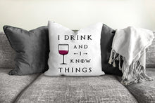 Load image into Gallery viewer, I drink and I know things pillow, game of thrones, wine pillow, wine, bar decor, home decor, pillow cover, pillow insert, pillow case