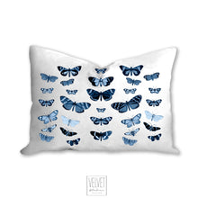 Load image into Gallery viewer, Butterflies pillow, blue pillow, indigo, botanical, natural decor, home decor, pillow cover, pillow insert, pillow case, insect art