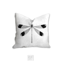 Load image into Gallery viewer, Dragonfly pillow, black and white, insect art, botanical, natural decor, farmhouse, pillow cover, decorative pillow, pillow case