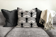 Load image into Gallery viewer, Art deco geometric pillow, retro linear black pattern, modern pillow, Interior decor, home decor pillow cover and insert, home accent pillow