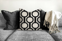 Load image into Gallery viewer, Art deco geometric pillow, retro linear circle pattern, modern pillow, Interior decor, decor, pillow cover and insert, home accent pillow