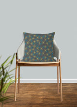 Load image into Gallery viewer, Little stars pillow with gray background, mod yellow and blue stars, modern decor, home interior, pillow cover, pillow insert, pillow case