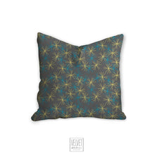 Load image into Gallery viewer, Little stars pillow with gray background, mod yellow and blue stars, modern decor, home interior, pillow cover, pillow insert, pillow case