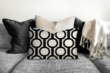 Load image into Gallery viewer, Art deco geometric pillow, retro linear circle pattern, modern pillow, Interior decor, decor, pillow cover and insert, home accent pillow