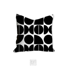 Load image into Gallery viewer, Mid century black and white pillow, cover and insert, abstract shapes modern pillow, home accent pillow