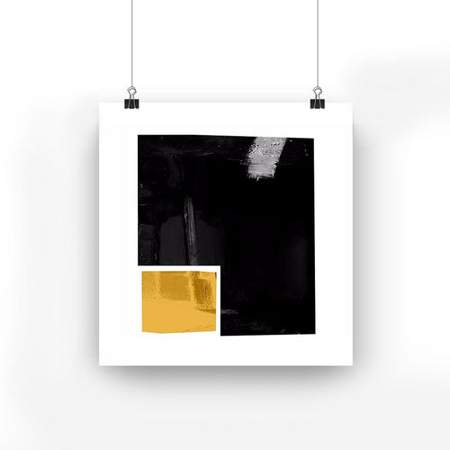 Abstract art print with geometric shapes, black and yellow squares,