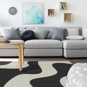 Black and white streams area rug
