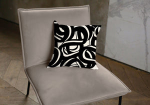 Black and white abstract pillow, tangled waves pattern