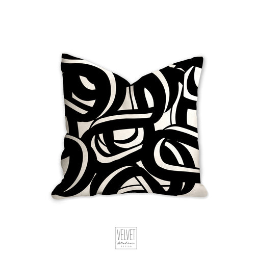 Black and white abstract pillow, tangled waves pattern