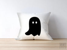 Load image into Gallery viewer, Ghost pillow with black ghost. Cover and insert or just the cover. Cute and spooky ghost for Halloween decor