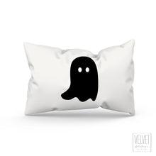 Load image into Gallery viewer, Ghost pillow with black ghost. Cover and insert or just the cover. Cute and spooky ghost for Halloween decor