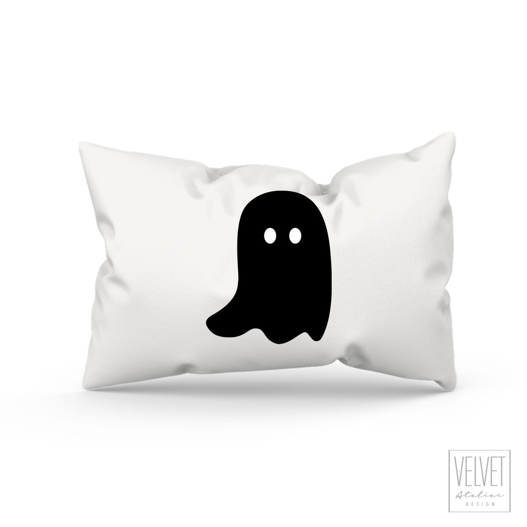 Ghost pillow with black ghost. Cover and insert or just the cover. Cute and spooky ghost for Halloween decor