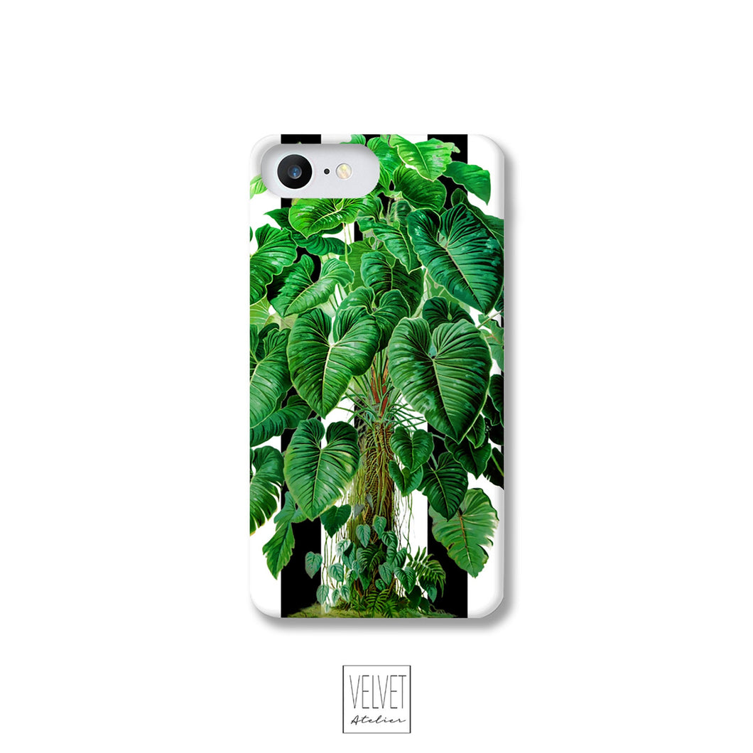 Jungle monstera phone case, with black and white stripes, unique art for cell phone, stylish phone case, phone accessory