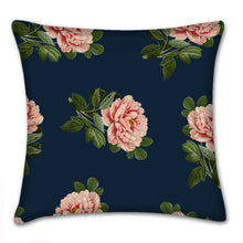 Load image into Gallery viewer, Midnight Peony pillow, floral pillow accent, Interior decor, home decor, pillow cover and insert, cotton pillow cover, pink and blue
