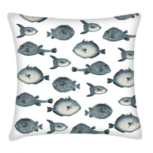 Load image into Gallery viewer, Reef fish parade pillow, tropical pillow accent, Interior decor, home decor, pillow cover and insert, cotton pillow cover, navy blue fish