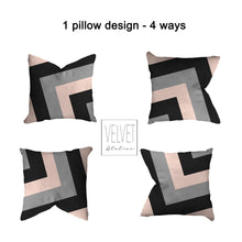 Load image into Gallery viewer, Geometric print pillow, pink, black, gray, modern pillow, Interior decor, home decor, pillow cover and insert, cotton pillow, accent pillow