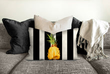 Load image into Gallery viewer, Pineapple throw pillow, black stripes, tropical pillow, Interior decor, home decor, pillow cover and insert, botanical decor, tropical decor