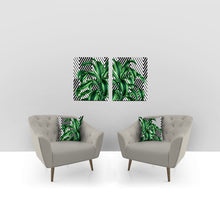 Load image into Gallery viewer, Tropical leaves pillows with geometrical accents. Set of 2