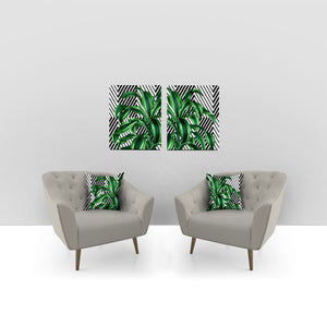Tropical leaves pillows with geometrical accents. Set of 2
