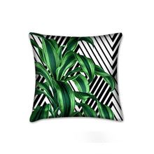 Load image into Gallery viewer, Tropical leaves pillows with geometrical accents. Set of 2
