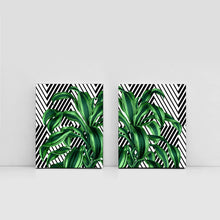 Load image into Gallery viewer, Tropical leaves set of 2 canvas gallery wrapped, geometric, modern wall art, trendy giclee wall decor, wall hanging, Interior design, home