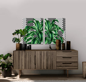 Tropical leaves set of 2 canvas gallery wrapped, geometric, modern wall art, trendy giclee wall decor, wall hanging, Interior design, home