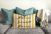 Load image into Gallery viewer, Home Sweet Home pillow, modern Interior decor, typographic design, home decor, pillow cover and insert, yellow and blue, stripes