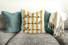 Load image into Gallery viewer, Home Sweet Home pillow, modern Interior decor, typographic design, home decor, pillow cover and insert, yellow and blue, stripes