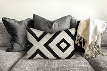 Load image into Gallery viewer, Black and white XO Geometric throw pillow, linear pattern, modern pillow, Interior decor, home decor, pillow cover and insert, accent pillow