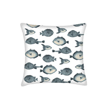 Load image into Gallery viewer, Reef fish parade pillow, tropical pillow accent, Interior decor, home decor, pillow cover and insert, cotton pillow cover, navy blue fish