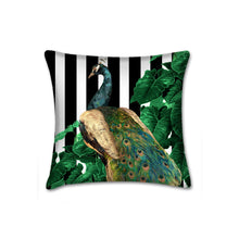 Load image into Gallery viewer, Peacock throw pillow, tropical pillow, Interior decor, home decor, pillow cover and insert, pink and green, tropical decor