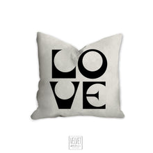 Load image into Gallery viewer, Love pillow, black and white, mid century letters, groovy, Boho pillow, retro pillow, throw pillow, pillow cover and insert, accent pillow