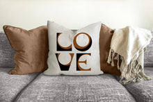 Load image into Gallery viewer, Love pillow, cinnamon black, mid century letters, groovy, Boho pillow, retro pillow, throw pillow, pillow cover and insert, accent pillow