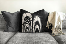 Load image into Gallery viewer, Boho pillow, mid century inspired, black and white abstract style, Interior decor, home decor, pillow cover and insert, home accent pillow