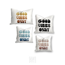 Load image into Gallery viewer, Good vibes only pillow, groovy, Boho pillow, retro pillow, throw pillow, blue colors, home decor, pillow cover and insert, accent pillow
