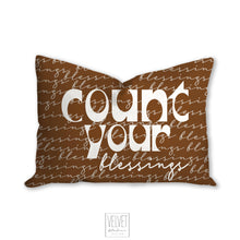 Load image into Gallery viewer, Blessings, cinnamon color, mid century letters, groovy, Boho pillow, retro pillow, throw pillow, pillow cover and insert, accent pillow