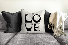 Load image into Gallery viewer, Love pillow, black and white, mid century letters, groovy, Boho pillow, retro pillow, throw pillow, pillow cover and insert, accent pillow