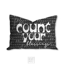 Load image into Gallery viewer, Blessings, black and white, mid century letters, groovy, Boho pillow, retro pillow, throw pillow, pillow cover and insert, accent pillow